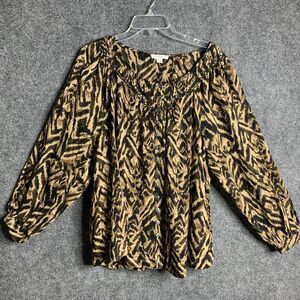 Beach Lunch Lounge Button Front Cotton Top Animal Print Long Sleeve Sz L